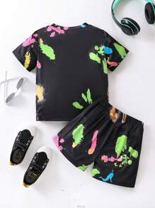 SHEIN Conjunto De 2 Piezas Para Niños, Camiseta Luminosa Corta De Color Brillante De Manga Corta Para El Verano - Negro - Ver 2