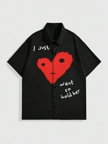ROMWE MEN Goth 男士短袖心形印花休閒襯衫（有庫存） - 黑色 - 查看 1