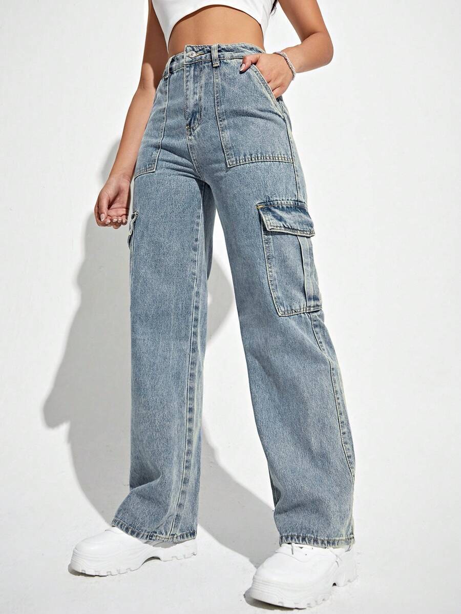 SHEIN EZwear 女士時尚休閒牛仔褲，口袋設計 - 淺色水洗藍 - 查看 1