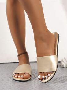 Vintage Gold Flat Women's Sandals, Round Toe Solid Color Leather Slip-Resistant Slippers