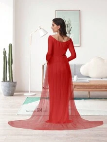 JustVH Maternity Long Sleeve Floor-Length Mesh Dress, Suitable For Baby Photoshoot And Baby Shower Spring - Burgundy - View 3