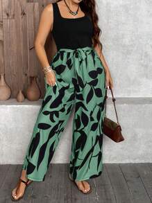 SHEIN LUNE Plus Size Women Random Printed Simple Daily Jumpsuit, Summer - Green - View 4