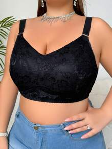 Plus Size Women Solid Color Lace Bralette, Lift - Black - View 4