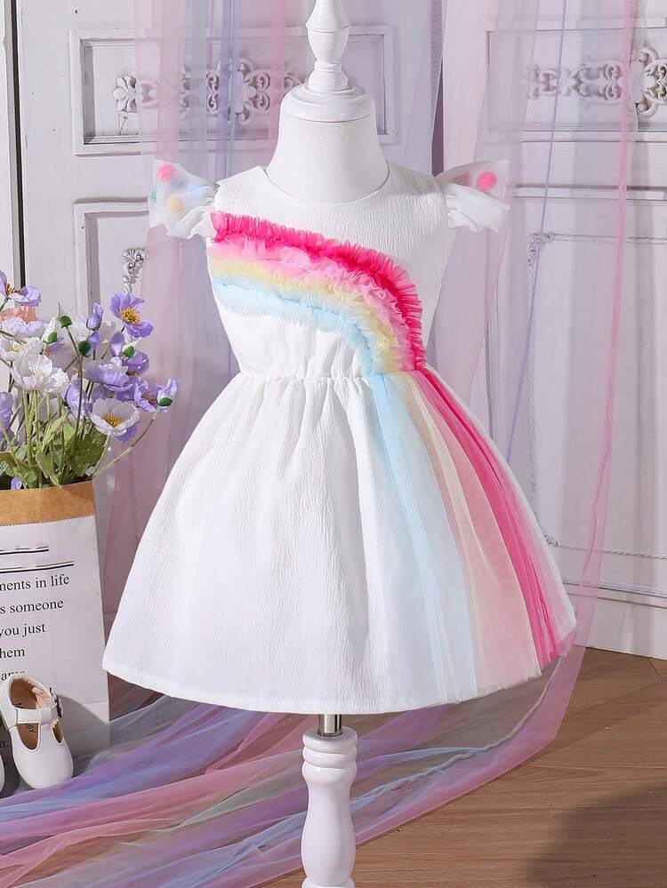 Baby Girl Colorful Striped Decor Simple Mesh Dress For Daily Wear