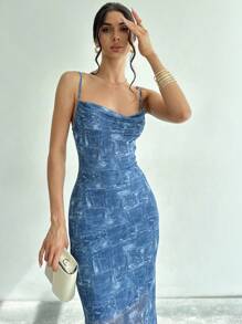 Firerie Elegante vestido de malla con cuello de tirantes, ajuste delgado y estampado floral para mujer, ideal para vacaciones y citas