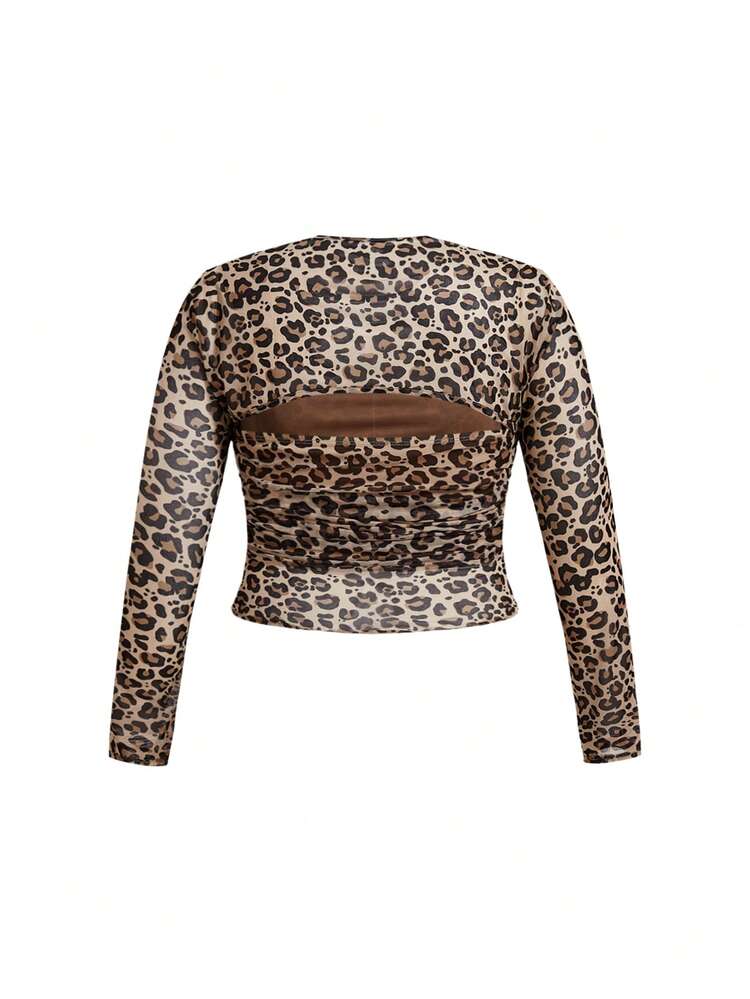 Artist Y2K Leopard Print Mesh Floral Flower Tight Hollow Out Plus Size Women Top For Casual Wear, For Holiday, Vacation, Spring, Going Out, Festival, Ibiza Fits