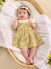 SHEIN Newborn Baby Girl Cute And Sweet Puff Short Sleeve Plain Top + Floral Suspender Skirt Set Suitable For Summer - Yellow - View 5