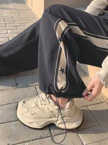 DAZY 女士时尚星星图案撞色运动休闲运动裤 Y2k，女士慢跑裤秋季 - 深灰色 - 查看 5