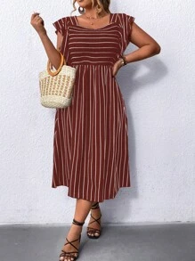 SHEIN LUNE Vestido diario impreso con patrón de líneas simple para mujeres de talla grande - Rojo - Ver 4