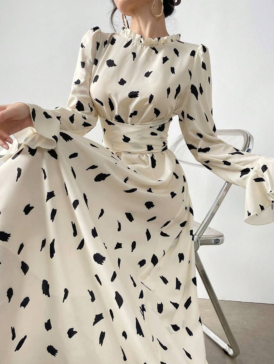 Modelyn 立领印花褶皱长袖优雅阿拉伯连衣裙，端庄大方 - 杏色 - 查看 1