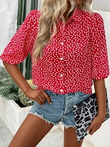 SHEIN LUNE Camisa de manga de linterna de ocio festivo con pequeño estampado floral