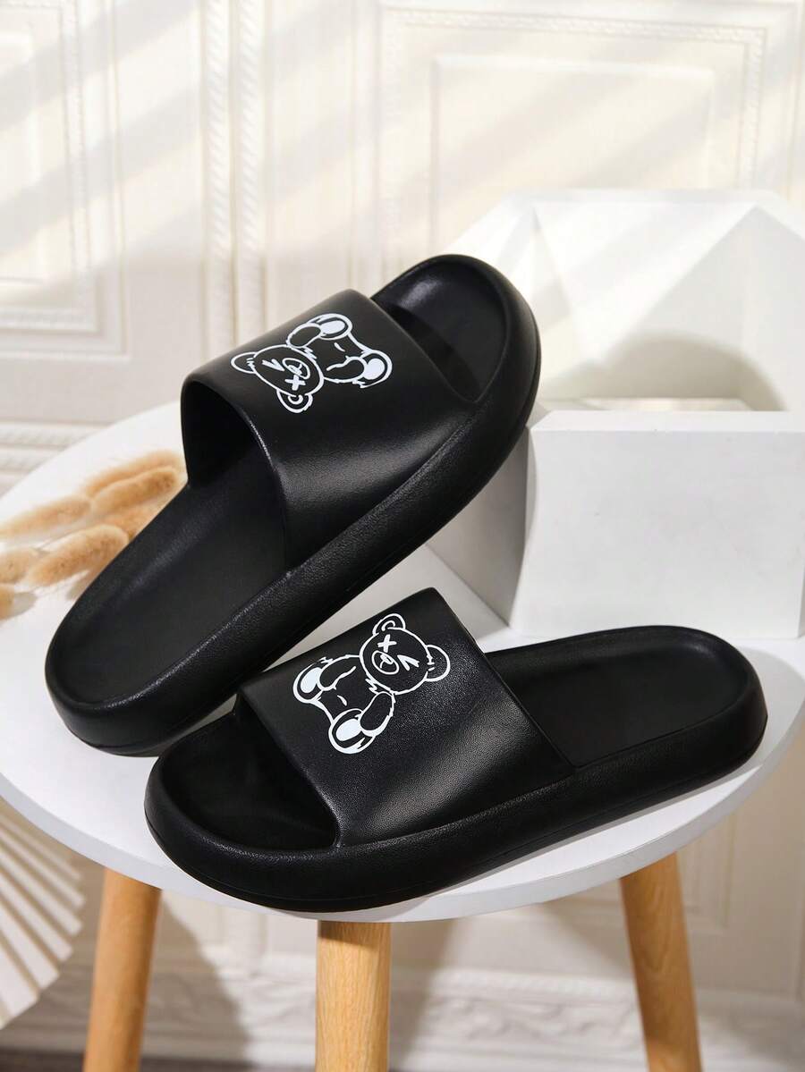 新款可愛卡通熊臉女拖鞋，適用於室內/室外/沙灘/浴室，防滑且彈性好 - 黑與白 - 查看 1
