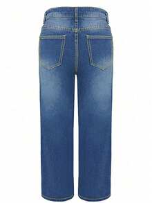Women's Button Front Mid-Rise Straight Leg Jeans With Patchwork And Frayed Hem Detail - Dark Wash - View 2