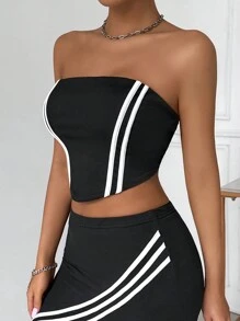 Zolique 女士條紋印花不對稱擺型無袖背心 - 黑色 - 查看 5