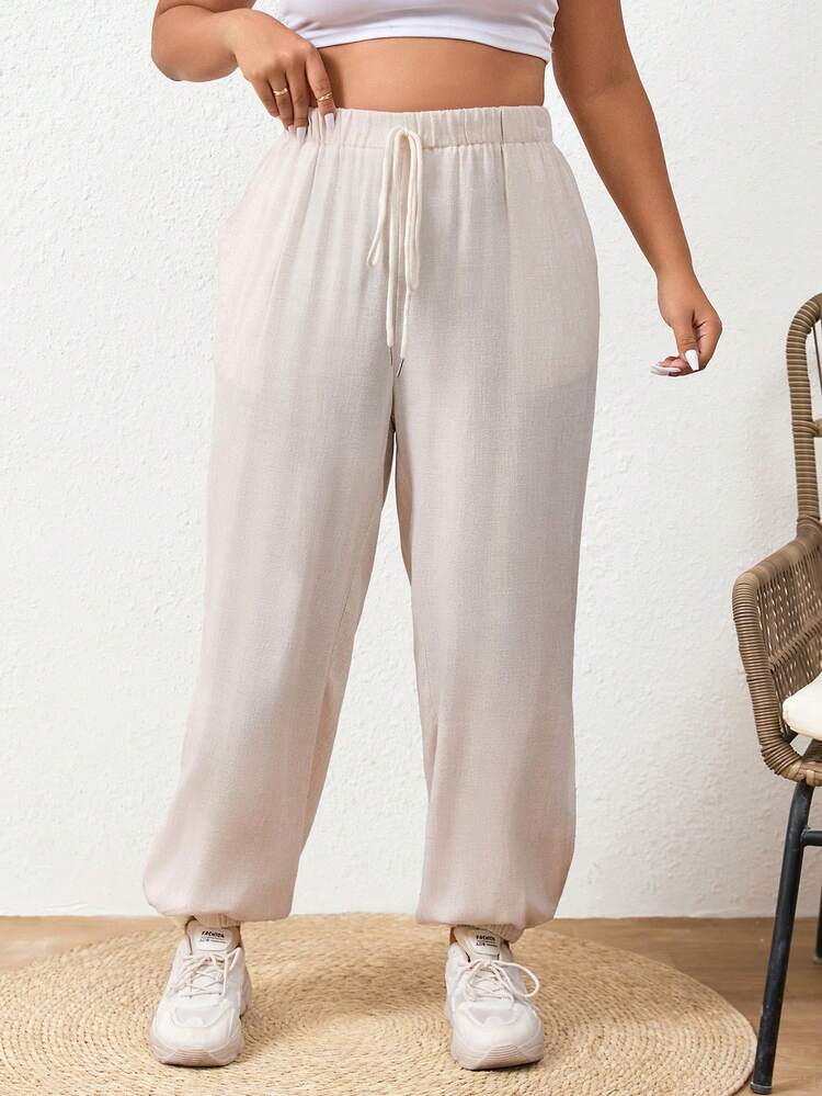 Plus Size Vacation Solid Color Casual Cropped Trousers With Split Hem