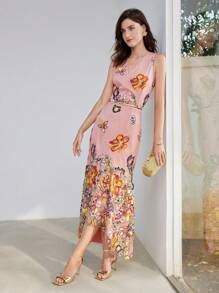 MOTF PREMIUM VESTIDO DE MALLA FLORAL CON BORDADO Y CUELLO DE CRUCE EN FORMA DE SIRENA