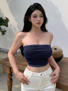 DAZY Ladies' Solid Color Casual Lace Splice Summer Tube Top,Crop Tops Women - Navy Blue - View 2