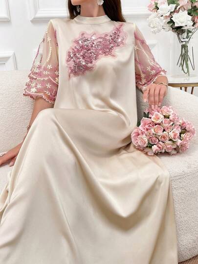 Al Najma Women's Stand Collar Glittery Floral Mesh Short Sleeve Elegant Abaya Dress, Short Sleeve Jalabiya Dress, Loose Maxi Dress, Elegant Evening Party Maxi Dress