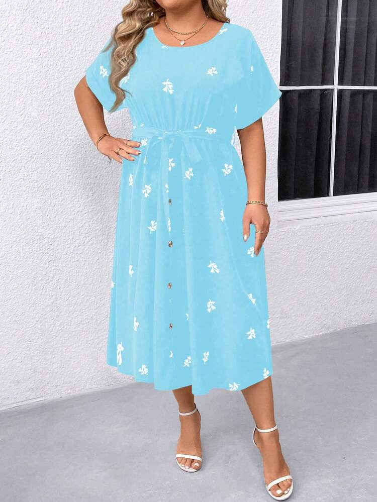 Plus Size Round Neck Floral Print Belted Short Sleeve Dress For Summer