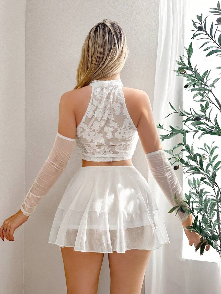 Women's Summer Floral Ruffle Hem Tank Top And Wave Hem Mini Skirt Set With Hand Gloves, 2pcs