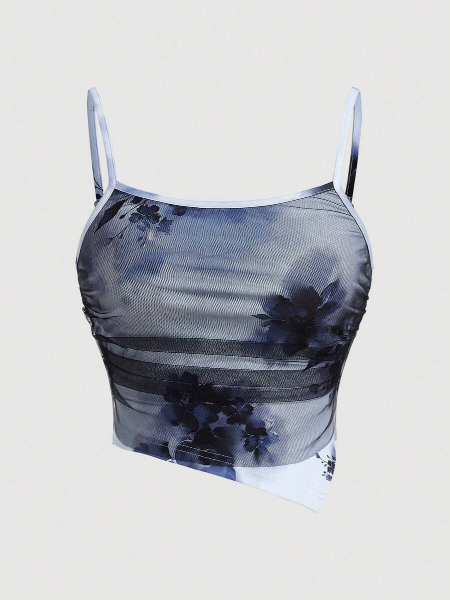 SHEIN Privé Áo yếm in họa tiết hoa mùa hè dành cho nữ có nối lưới cho bữa tiệc,Mùa tựu trường,Lễ hội âm nhạc,Mùa tốt nghiệp,Đi nghỉ,Thanh lịch - Nhiều màu - Xem 1