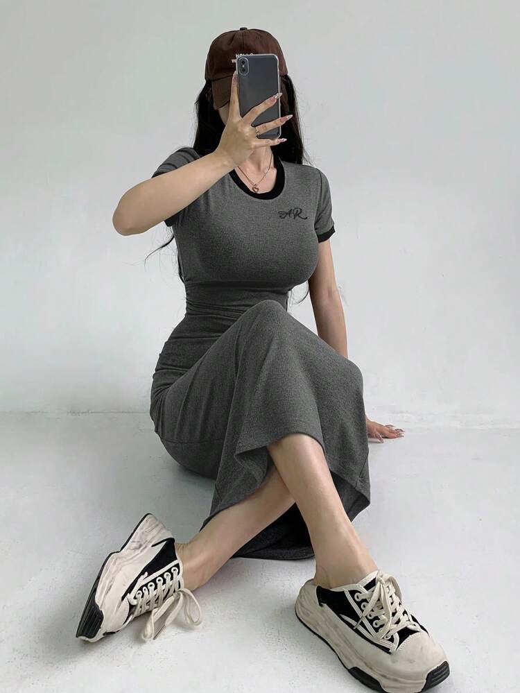 Color-Block Short Sleeve A-Line Dress With Contrast Trim Summer Sundress,Casual Women Dresses