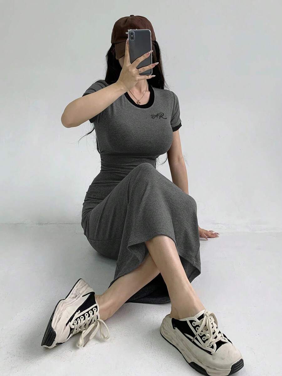 DAZY Váy chữ A tay ngắn phối màu có viền tương phản, váy mùa hè cho nữ, váy thường ngày - Màu xám đen - Xem 1