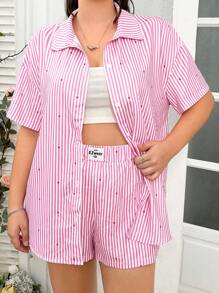 SHEIN EZwear Women's Plus Size Striped Heart Printed Top With Embroidered Shorts 2pcs/Set - Multicolor - View 3