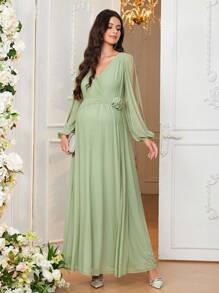 SHEIN Váy dài tay cổ chữ V sâu thanh lịch, trẻ trung và trưởng thành cho bà bầu trong các lễ hội - màu xanh lá - Xem 6