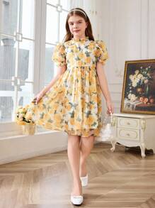 SHEIN DRMZ Tween Girl Tween Girl Váy dài vừa phải in họa tiết hoa cổ nấm rộng rãi thoải mái - Màu vàng - Xem 5