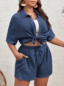 SHEIN VCAY Kích thước lớn Của phụ nữ màu trơn Ngắn tay Áo sơ mi Và Bộ quần short - Màu xanh hải quân - Xem 5