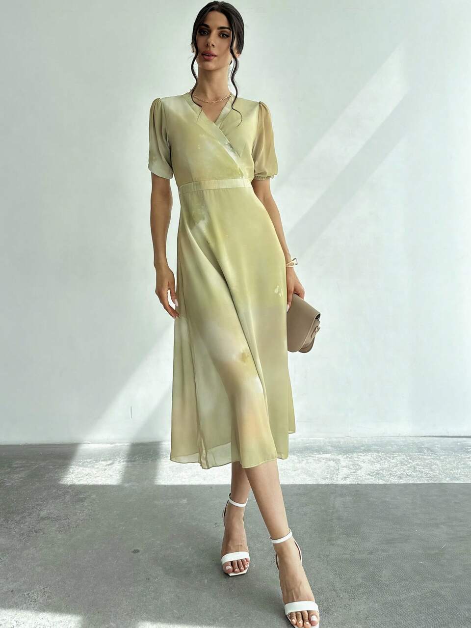 Women Elegant V-Neck Puff Sleeve Long Dress
