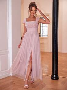 Joyfunear Women Square Neck Sequin Patchwork Side Slit Midi Dress Elegant Formal Evening Prom Wedding Guest Gown, For Graduation, Dinner Party Dress - Baby Pink - View 1