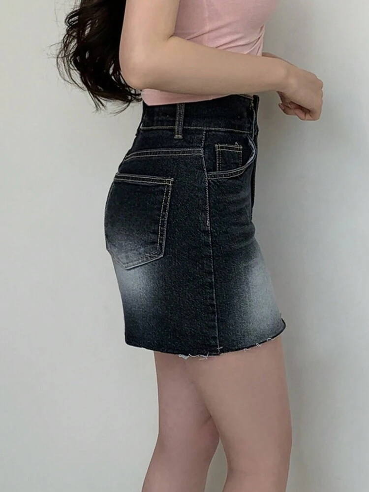 Women's Bleached Denim Skirt With Washed Finish Jeans Skirt