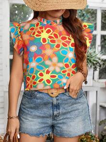 SHEIN Holidaya Áo sơ mi có viền xếp nếp in hoa thông thường dành cho ngày lễ cỡ lớn - Màu xanh ngọc - Xem 5
