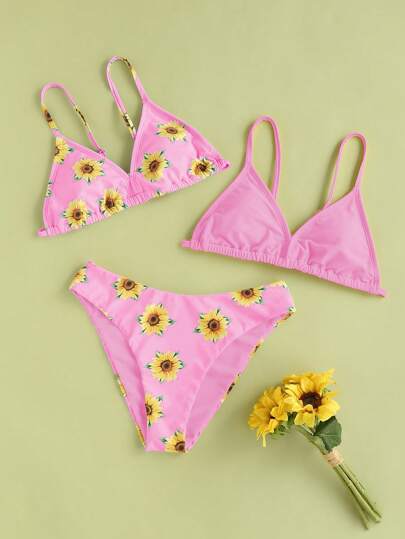 SHEIN Tween Girl Sunflower Print Reversible Bikini Set Summer Beach