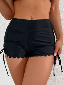 SHEIN Swim 實色海灘度假比基尼下褲，帶拉繩和貝殼裝飾 - 黑色 - 查看 3