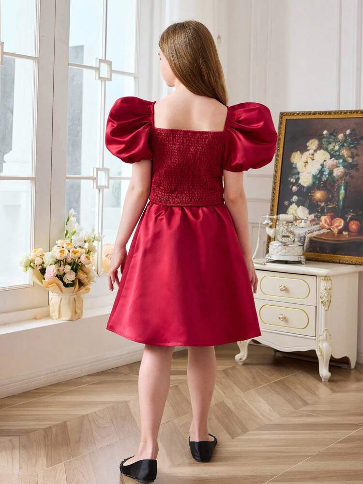 Tween Girl Casual Square Neck Puff Sleeve Shirt And Skirt Set With Bow Decor