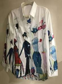 春秋季休闲长袖衬衫，图案印花单扣翻领衬衫，女士服装，长袖上衣