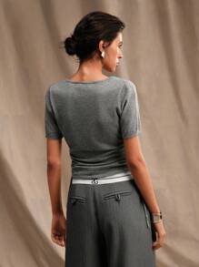 Anewsta U-Neck Pleated Knitted Grey Short Sleeve Casual Crop Top - Grey - View 3