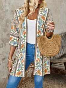 EMERY ROSE Island Vacation Inspired Printed Kimono Cover Up For Women, Countryside Style Summer