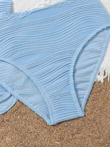Tween Girl Fashionable Solid Color Bikini Set Separates/Bikini Set (3pcs) Summer Beach - Blue and White - View 3