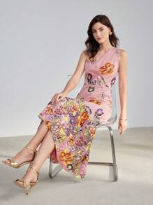 MOTF PREMIUM VESTIDO DE MALLA FLORAL CON BORDADO Y CUELLO DE CRUCE EN FORMA DE SIRENA
