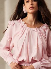 Anewsta Women's Spring/Summer Solid Color Loose Elegant Blouse With 3D Flower Decoration And Batwing Sleeves