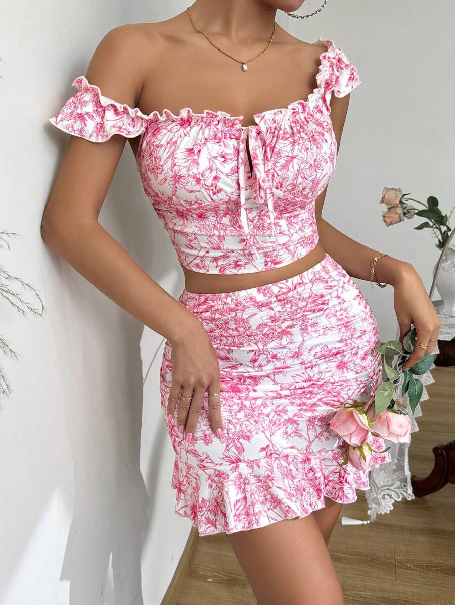 Zolique Women's Frill Trim Ruffled 2-Piece Top & Skirt Set With Flutter Sleeves - Hot Pink - View 1