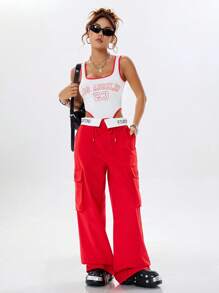 SHEIN EZwear 刺繡口袋設計休閒工作裝束褲，適用於日常穿著 - 紅白色 - 查看 5