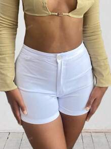 Women's Solid Color All-Match Casual Shorts With A Curved Hem