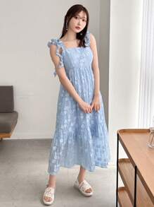 FRIFUL Women's Solid Color Strap Holiday Style Mid-Length Dress,Ruffle