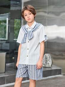 SHEIN 10-12歲男孩2入組校園風條紋斗篷設計短袖襯衫和短褲，休閒套裝"} (Note: I assumed that "tween boy - 白色 - 查看 6