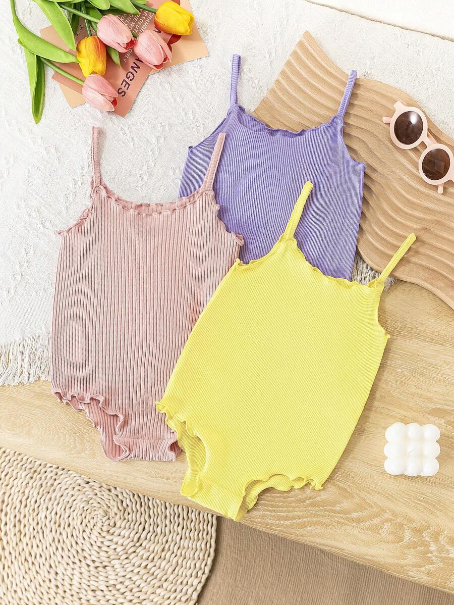 SHEIN LMoss Baby Girl 3pcs Baby Girl Colorful Knitted Elastic Solid Color Bodysuit, Sleeveless Camisole Bodysuit, Suitable For Summer, Can Be Buttoned - Multicolor - View 1